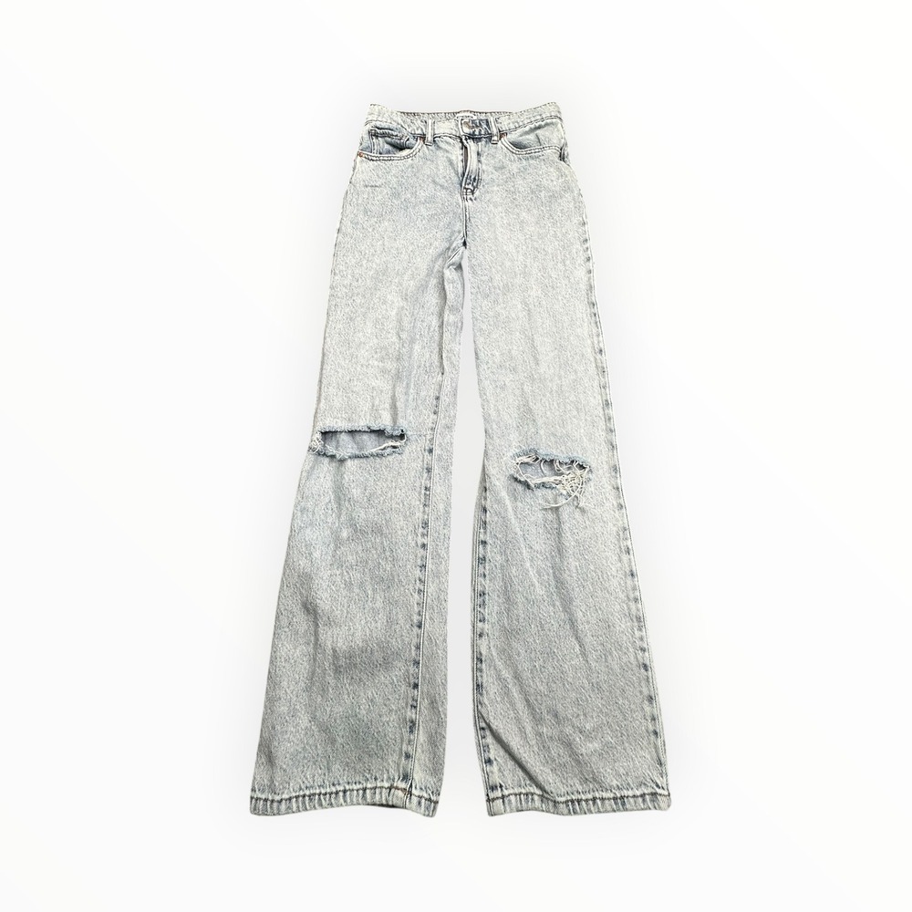 RSQ Jeans Women 14 Light Blue Wide Leg Acid Wash Distressed Knee High Rise Denim